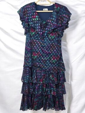 Patra Vintage 80’s 90’s Navy Paisley Ruffle-Tiered Midi Dress